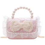 Little Girls Quilted Iridescent Pearl Purse 2-Way Princess Bow Crossbody Side Bag for Kids
