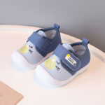 Cute Cartoon Embroidered Baby First Walkers Soft Ribbed Canvas Toddler Shoes with Adjustable Strap