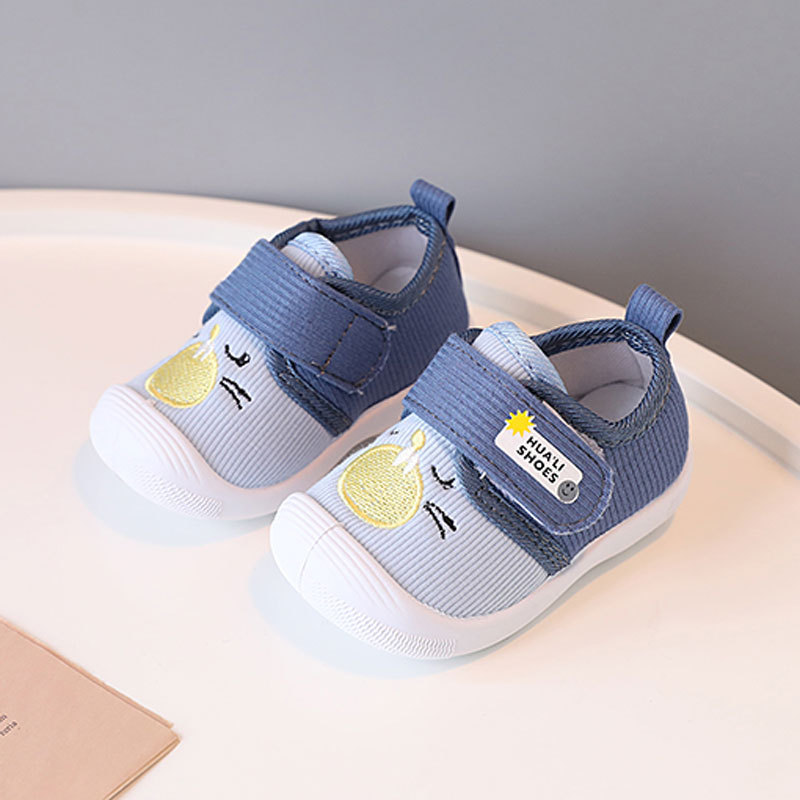 BPC162104-Blue Cute Cartoon Embroidered Baby First Walkers Soft Ribbed Canvas Toddler Shoes with Adjustable Strap - Image 1
