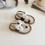 Elegant Baby Girls Bow Sandals with Pearl Flower Decoration Soft Sole Summer Party Sandals for Toddlers