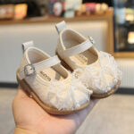 Baby Girls Princess Dress Shoes with Pearl Lace Bow Soft First Walker Mary Jane Shoes