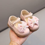 Elegant Pearl Strap & Sparkly Bear Bow Princess Shoes for Parties & Weddings