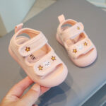 Breathable Mesh Sandals for Babies Cute Bunny Embroidery Open-Toe Summer Walking Shoes with Hook-and-Loop Straps